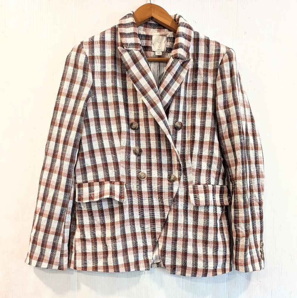 JOIE Women's Rust Brown and White Checkered Blazer Size Medium - Picture 1 of 13